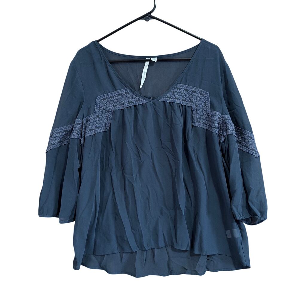 Lauren Conrad Womens Blouse Gray Blue V Neck 3/4 Sleeve Sheer Boxy XL